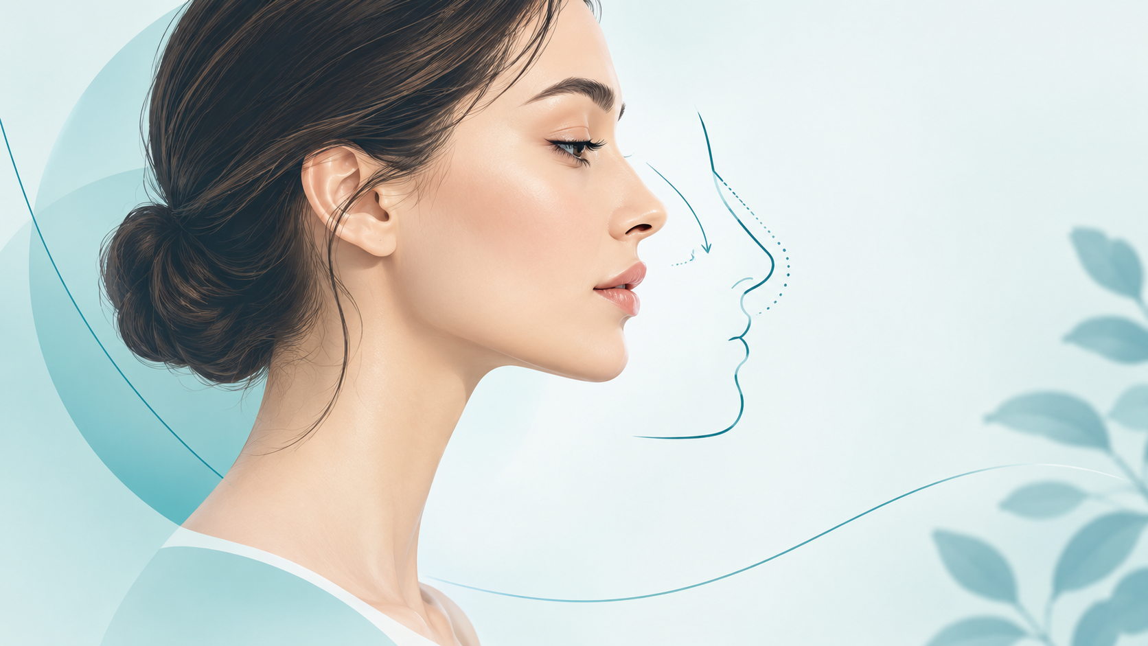 Ilustración de perfil femenino con líneas que representan la corrección del dorso nasal mediante rinomodelación sin cirugía